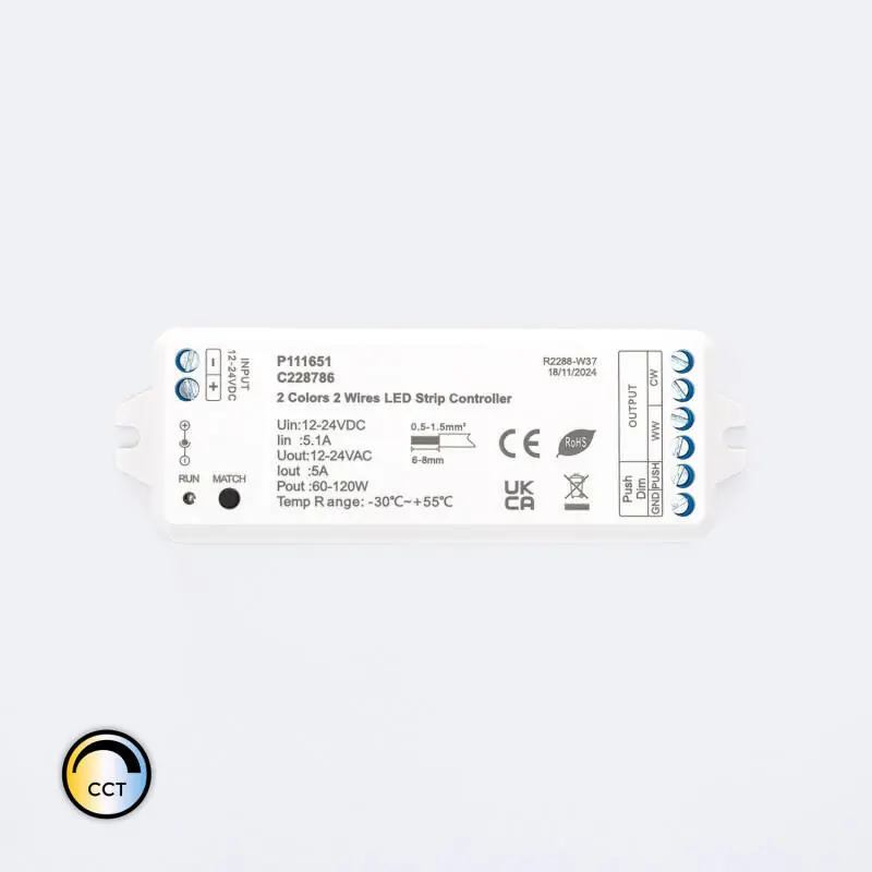 Contrôleur Variateur Ruban LED CCT 12/24V DC 2 Canaux compatible avec Bouton Poussoir et Télécommande RF