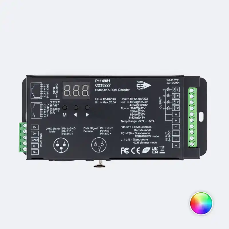 Décodeur DMX512 et RDM 4 Canaux 12-48V SKYDANCE D4-XE avec Port XLR5