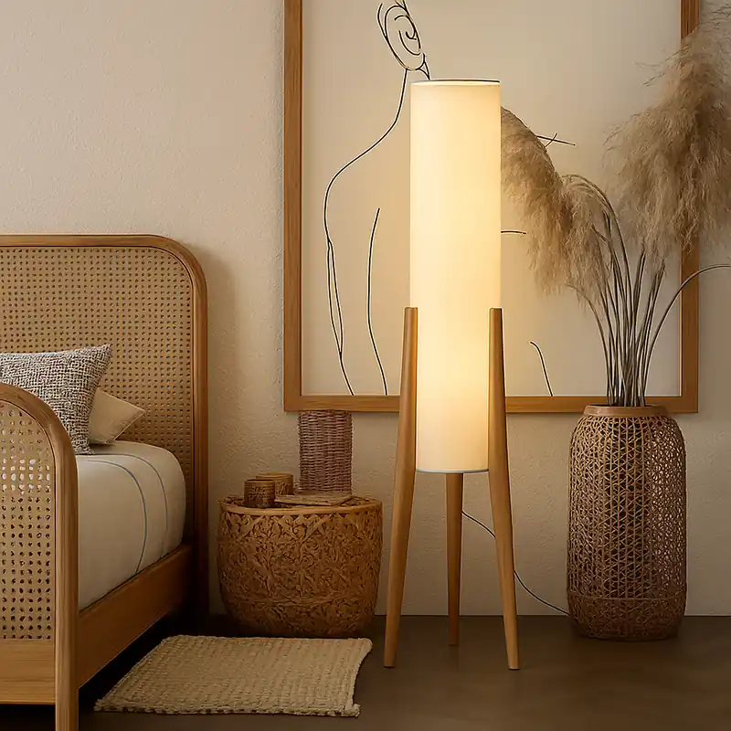 Lampadaire en bois massif avec abat-jour tissu art nordique, lecture