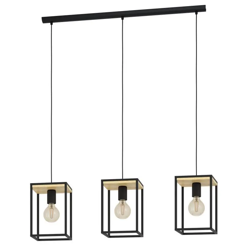 Plafonnier à suspension modèle Libertad 3 lumières en Noir et Bois par Eglo