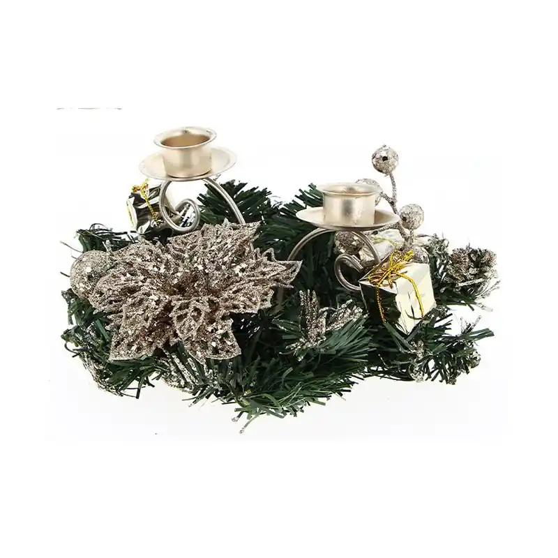 Centre de table Noël 2 supports bougie Ø15cm - Fleurs CHAMPAGNE
