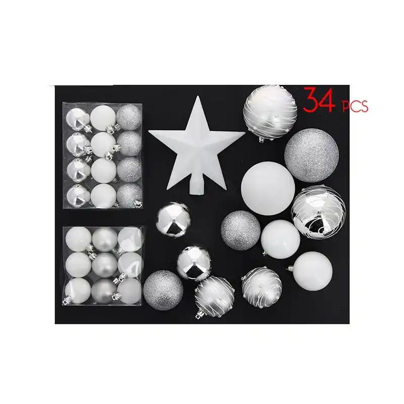 Kit Boules de Noël & Cimier BLANC \\/ ARGENT - set 34 pcs