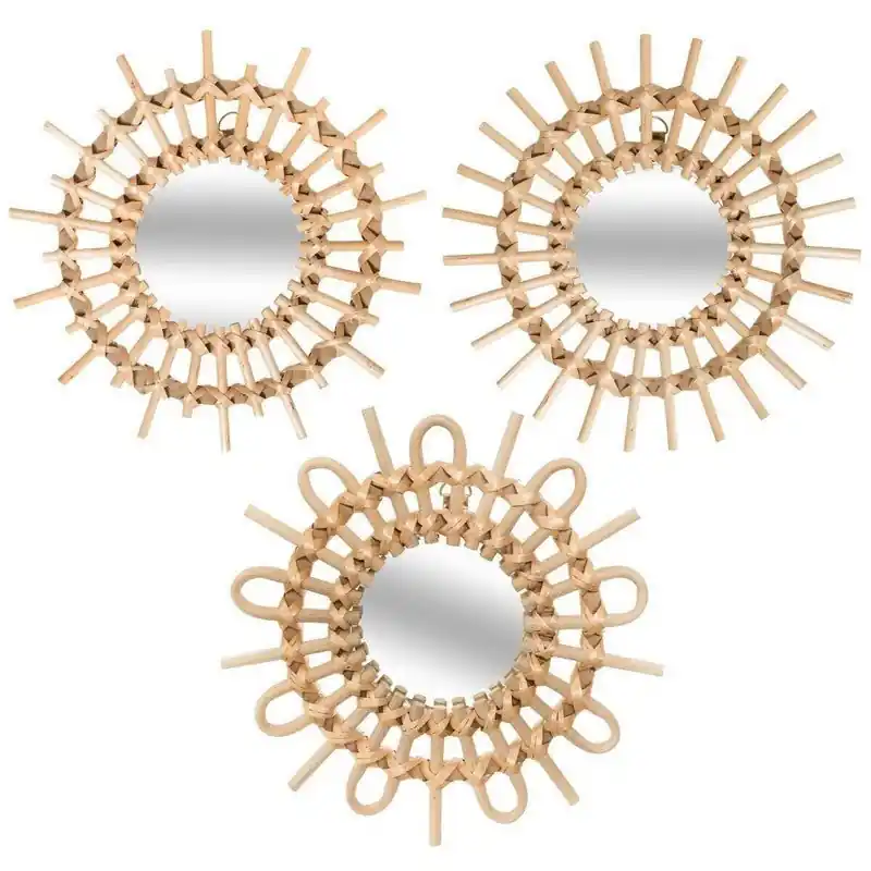 Miroirs Ronds Soleil en Rotin Naturel 27 cm (Lot de 3)