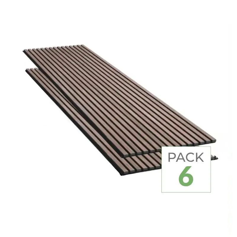 Lot de 6 Panneaux Acoustiques Murauxl- Tasseaux Finition Noyer - Fond Noir - 240x60x2,2cm