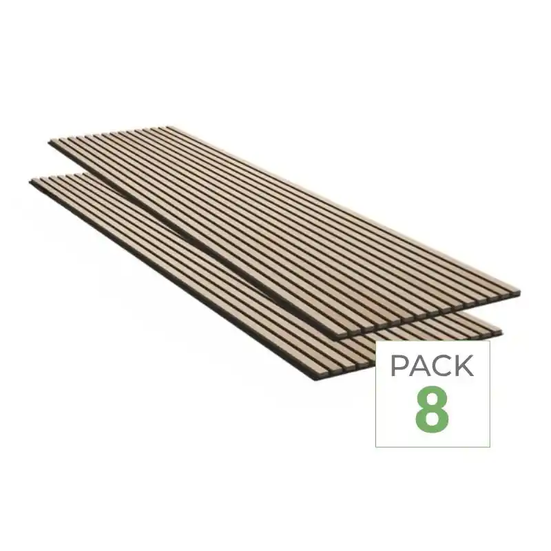 Lot de 8 Panneaux Acoustiques Muraux - Tasseaux Finition Chêne Blanc - Fond Noir - 240x60x2,2cm