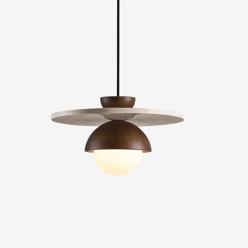 Virelli Lampe Pendante Globe en Verre Disque en Travertin Bois de Noyer Naturel