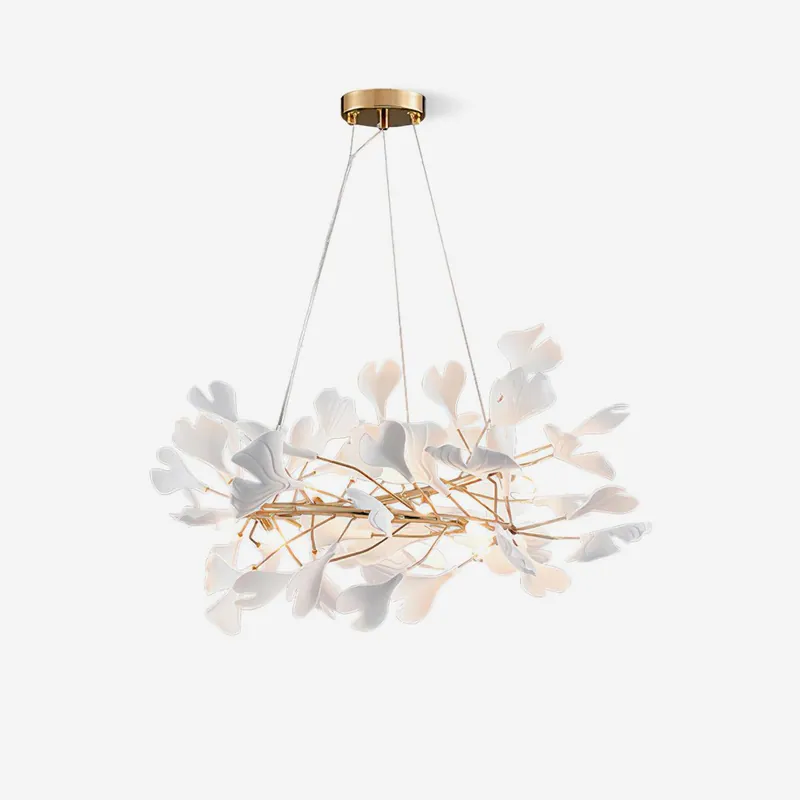 Ginkgo Kronleuchter Weiße Keramik Blütenblätter Gold Äste Kunst