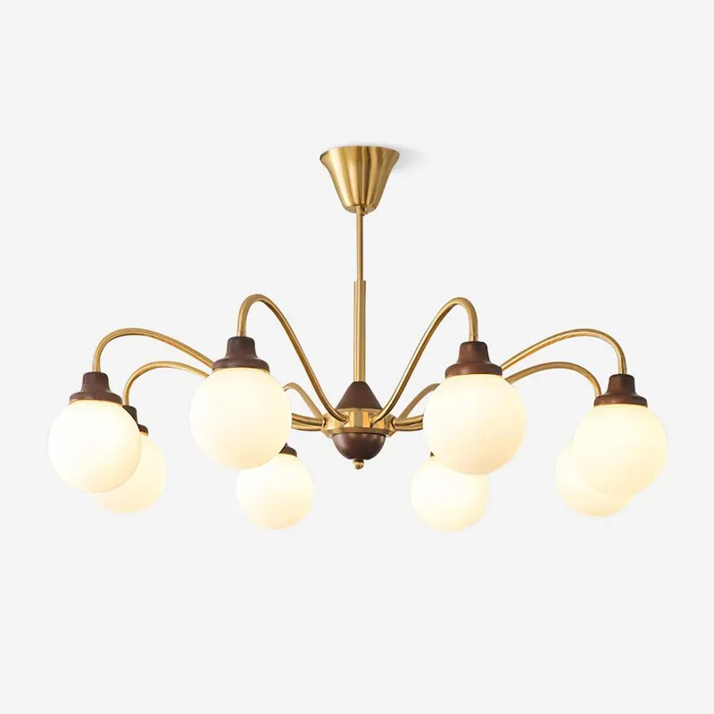 Goldener Leuchter Mit Armen aus Eschenholz und Weißen Glasglobes, Retro Stil