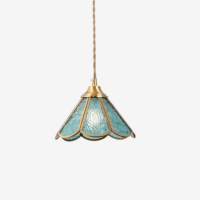 Pendelleuchte aus Blauem Texturiertem Glas und Wellenförmigem Messing Jugendstil