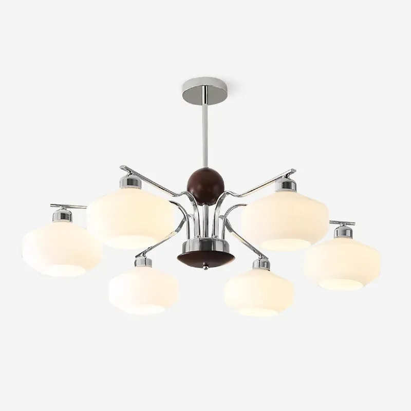 Lustra Leuchter Chrom und Nussbaum Arme Lampenschirme aus Weißem Glas Retro Stil