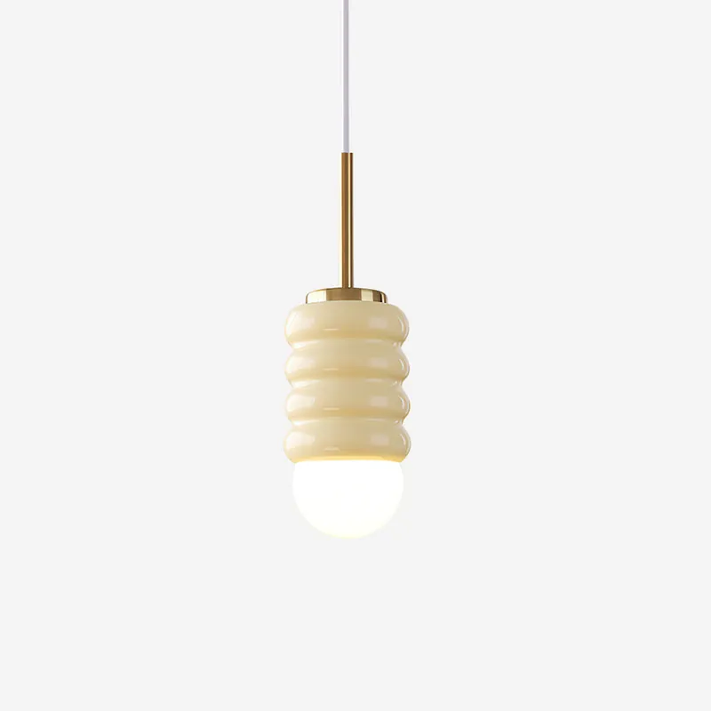Virelli Pendelleuchte mit Gestreiftem Keramikschirm, Warmes Messing, Midcentury