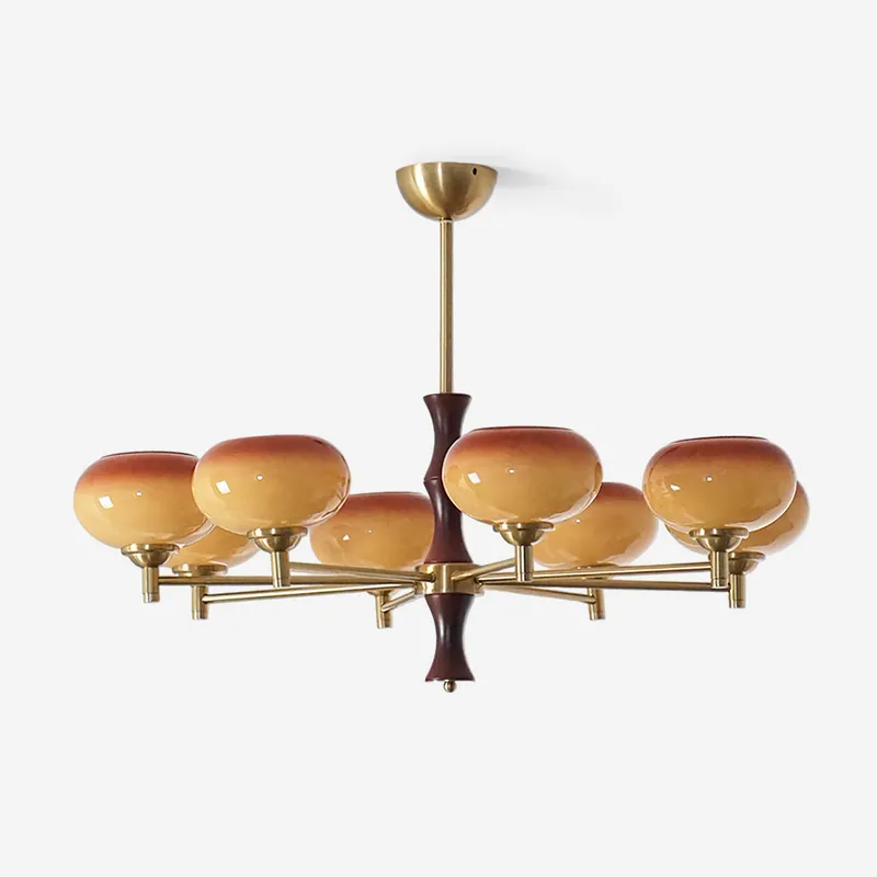 Virelli Kronleuchter mit Karamellfarbenen Glasglobes, Vintage Nussbaumarme