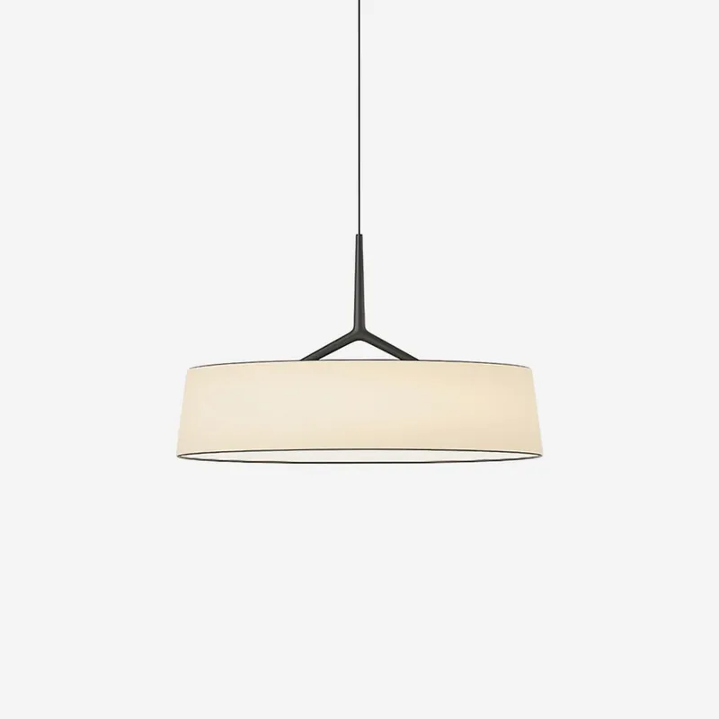 Virelli Pendelleuchte mit Weißem Stoffschirm, Trommel, Schwarzer Stange, Elegant, Modern