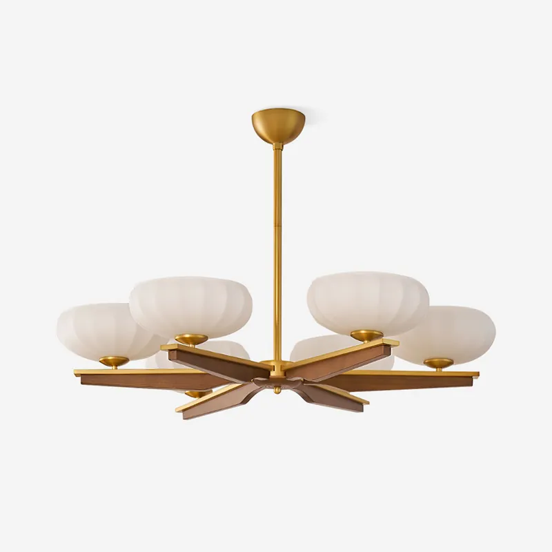 Luster aus Nussbaumholz mit Opalglas-Schirmen im Mid-Century-Stil