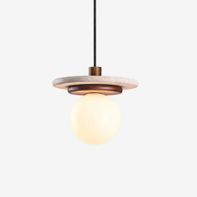 Globus-Hängelampe aus Glas mit Travertin und natürlichem Nussbaumholz