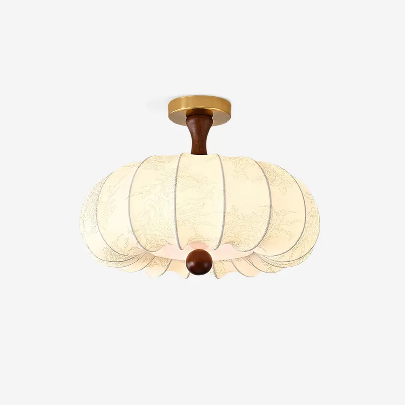 Deckenlampe mit gewelltem Stoffschirm und Nussbaumholz-Decke im Vintage-Stil