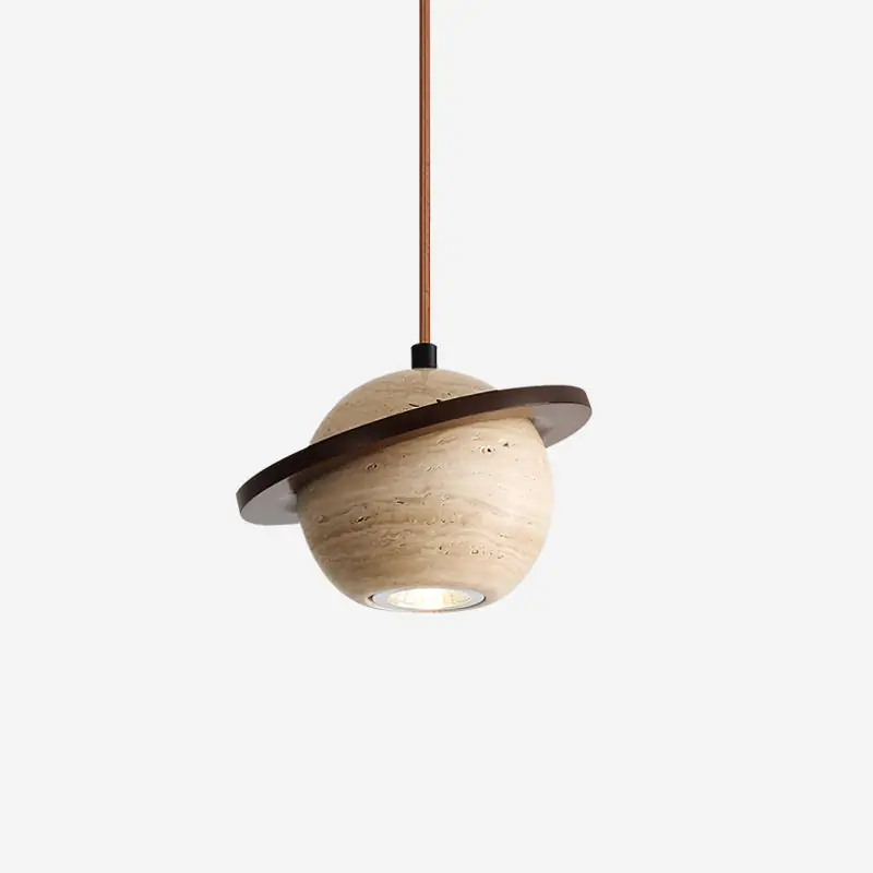 Planeten-Hängelampe aus Travertin und Nussbaumholz im minimalistischen Design