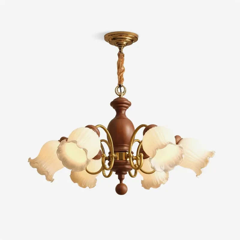 Luster mit Tulpen-Glas-Schirmen und Rahmen aus Nussbaumholz im rustikalen Stil