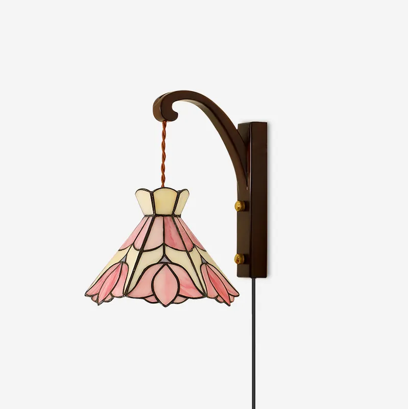 Wandleuchte Tiffany Bunt Glas Floral Schatten Holz Halter Antik