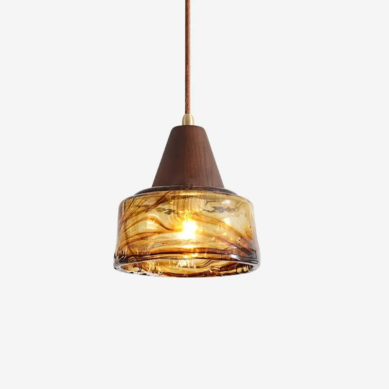 Pendelleuchte Bernstein Glas Holz Hoch Antik Künstlerisch