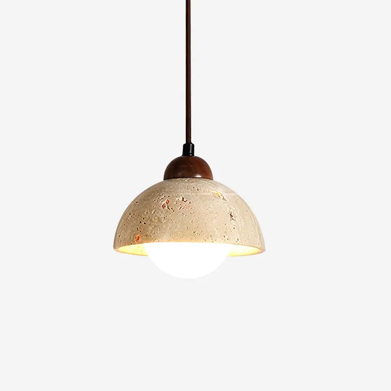 Pendelleuchte Holz Oben Gelb Travertin Glas Weiß Beige Modern