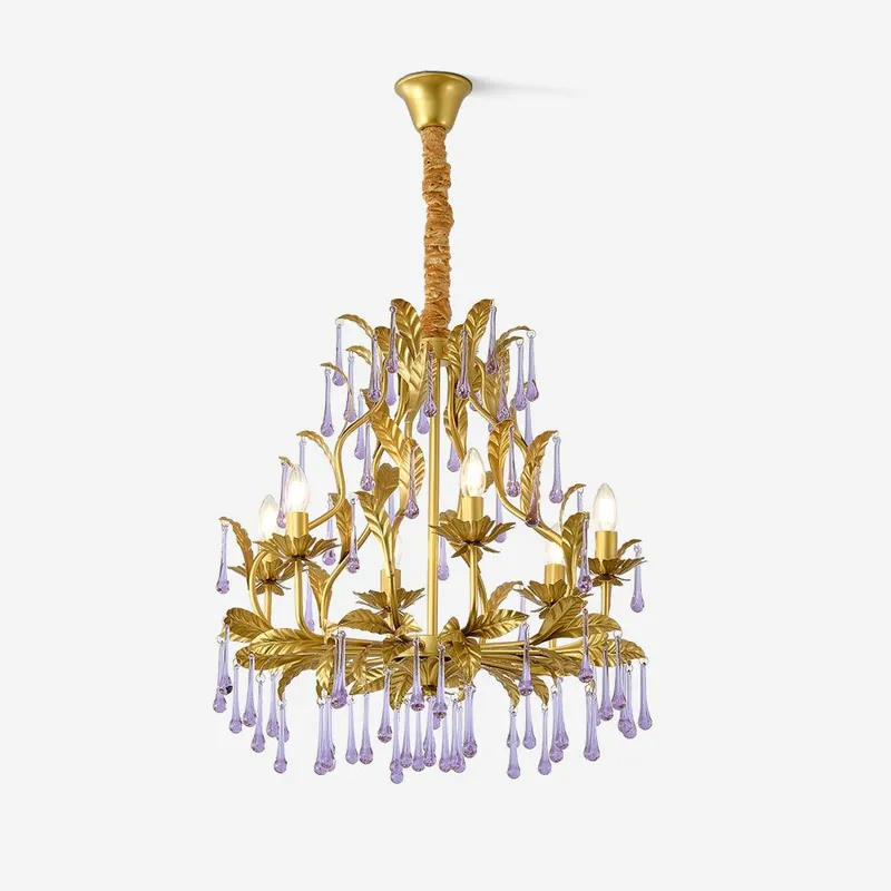 Murano Kronleuchter Violette Kristalltropfen Goldene Blätter