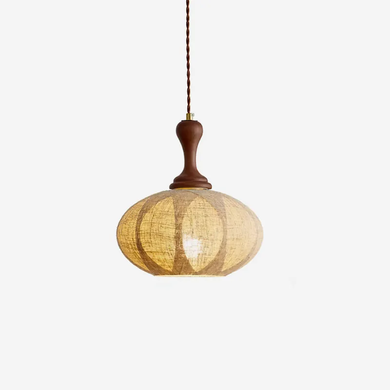 Kenso Pendelleuchte Stoff Kugelform Holzkragen