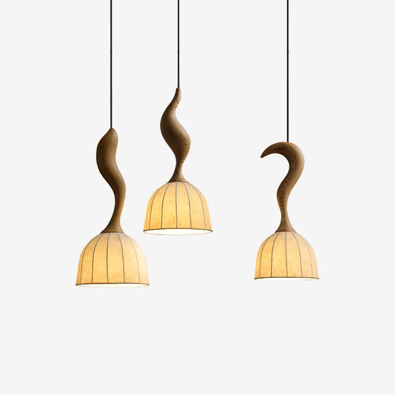 Solia Pendelleuchte gebogene Stange Stoff Holz