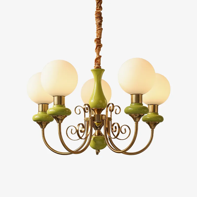 Chandelier Grüne Schirme mit gebogenen Armen in Gold