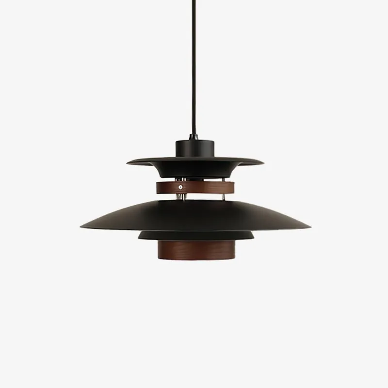 Solara Pendelleuchte aus Holz mit übereinanderliegendem Schirm für nordisches Esszimmer