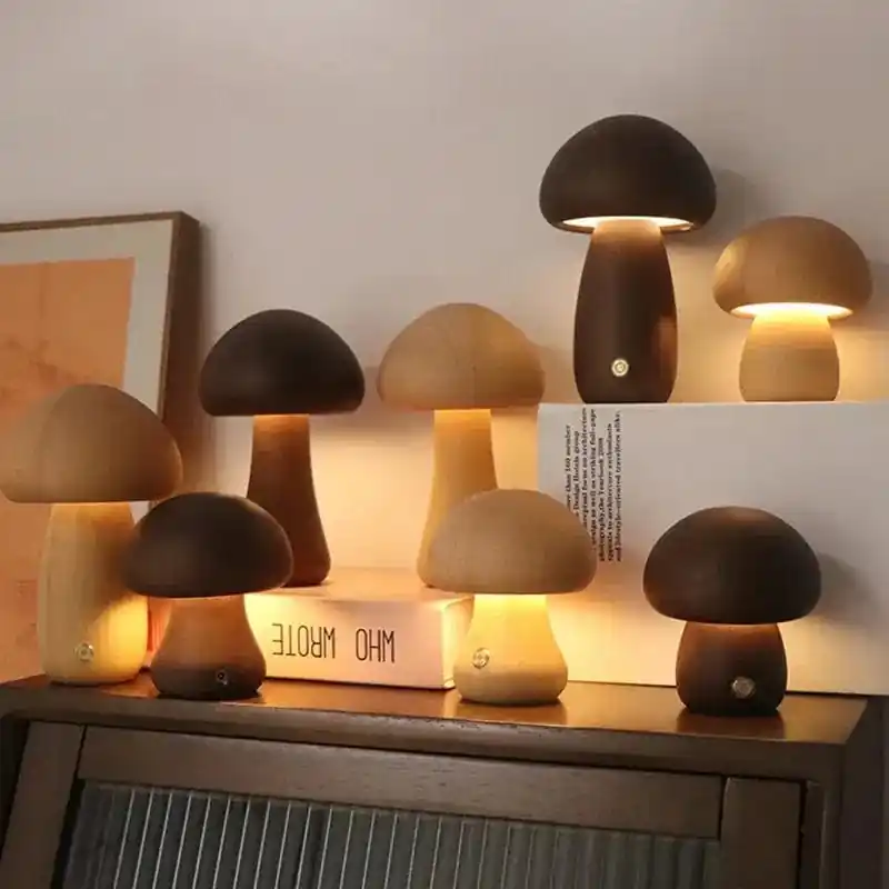 Veilleuse champignon en bois avec interrupteur tactile