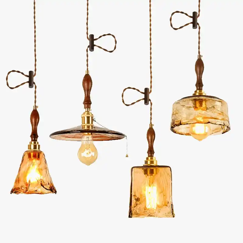Suspension LED de style japonais en bois et cuivre - Design vintage et réglable
