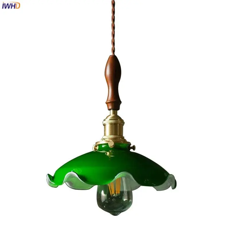 Suspension vintage style américain en cuivre, bois & verre