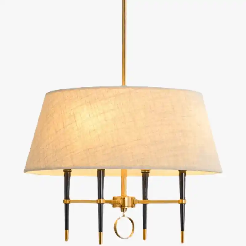 Suspension Luminaire Chinois en Tissu Circulaire avec Finition Cuivrée