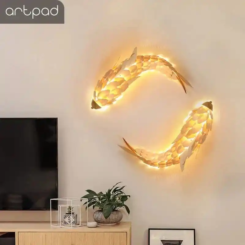 Applique Murale Créatif Style Chinois en Bois Poisson Brillante LED 12W - Pour Salon, Chevet, Escalier