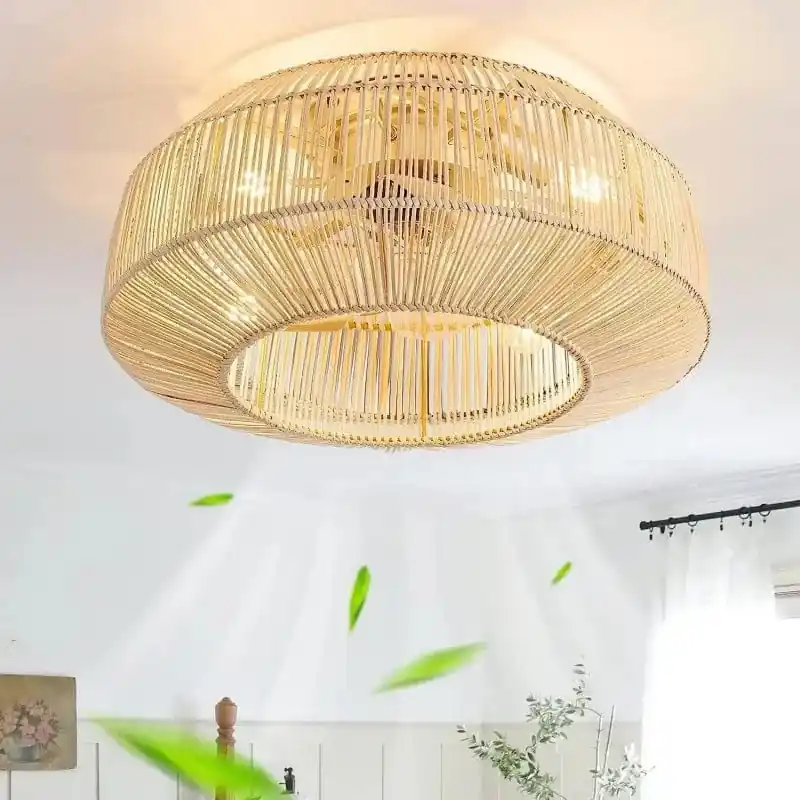 Ventilateur de plafond en rotin de bambou Wabi-Sabi - Luminaire invisible de cuisine