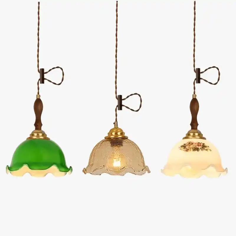 Suspension Vintage Verre Craquelé en Cuivre et Bois pour une Ambiance Moderne dans Votre Chambre ou Salon, Éclairage Intérieur LED