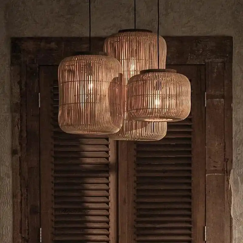 Suspension Wabi-sabi lumières chinois rétro - Déco salle à manger salon restaurant chez l'habitant en rotin