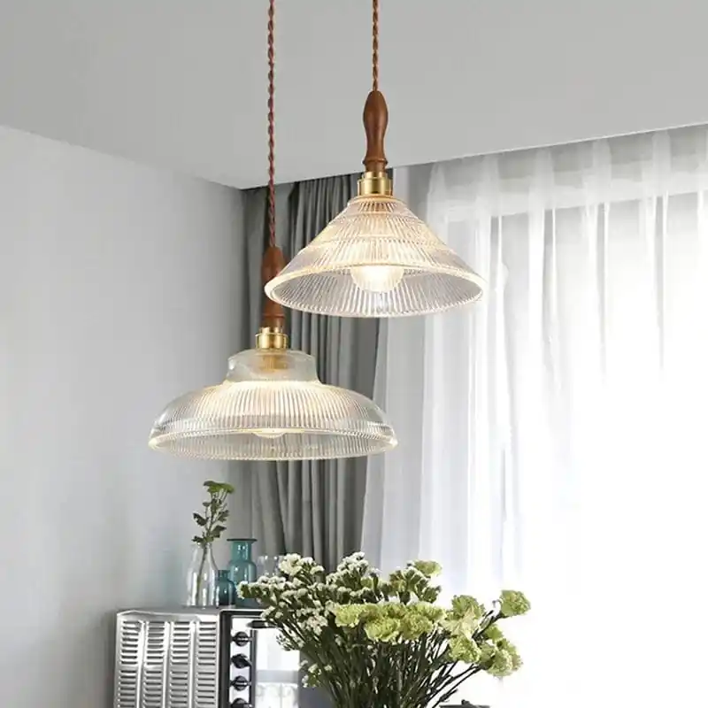 Suspension en verre pour salle à manger - Lustre d'îlot de cuisine moderne en cuivre et bois - Art Luminaire Suspension E27