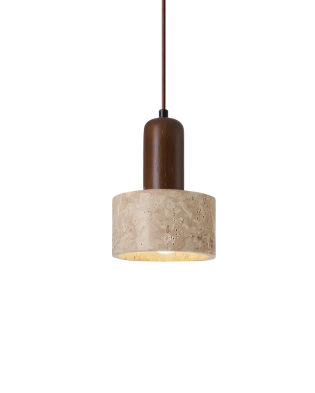 Suspension moderne en bois et travertin forme cylindre, une lumière