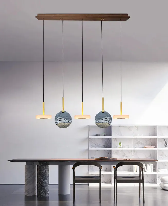 lustre suspendu en bois naturel ou marbre doré avec éclairage led