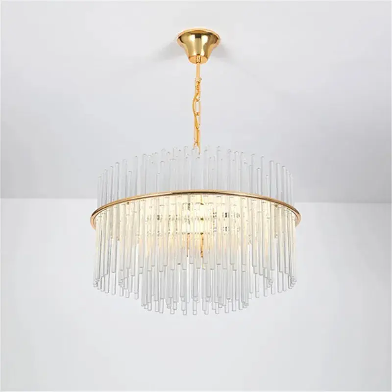 lustre en cristal design nordique tige en verre métal doré
