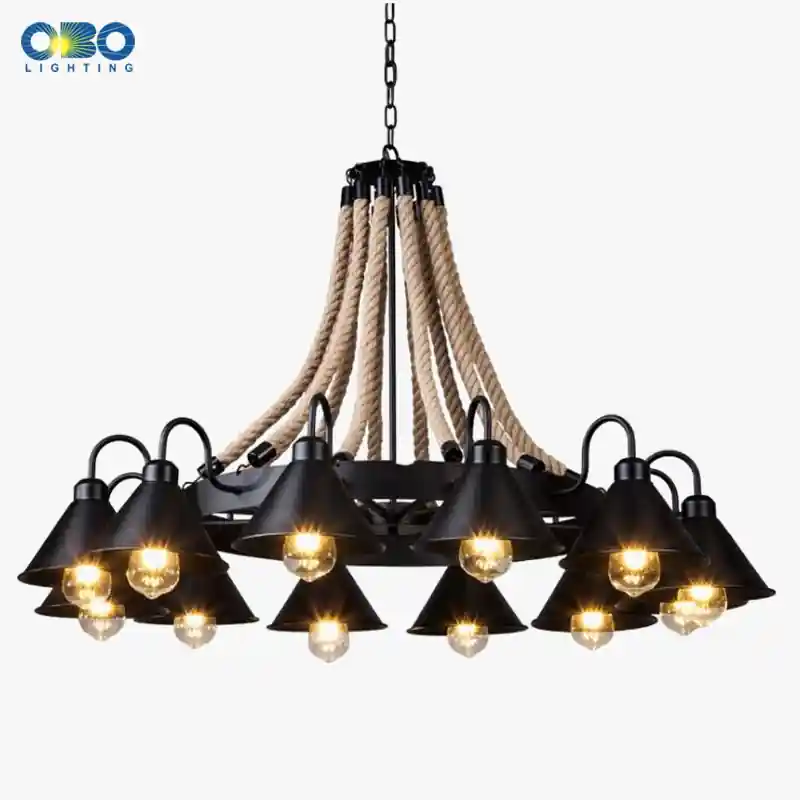 Lustre vintage en corde de chanvre avec abat-jour en fer pour bars et cafés