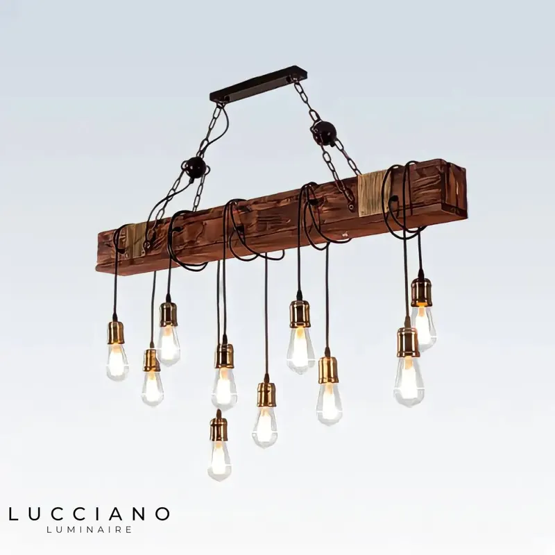 Wooden chandelier with several bulbs