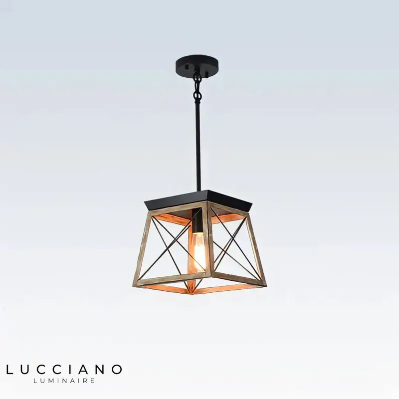 Wood and black metal chandelier
