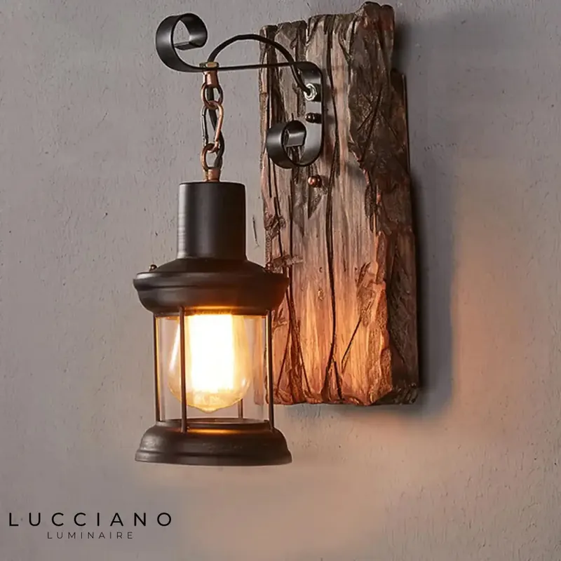 Wood and Black Metal Wall Light