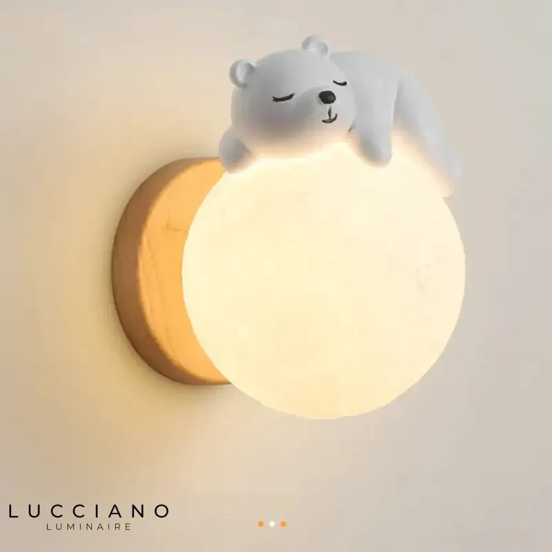 Bear wall light on moon base for a child's bedroom.