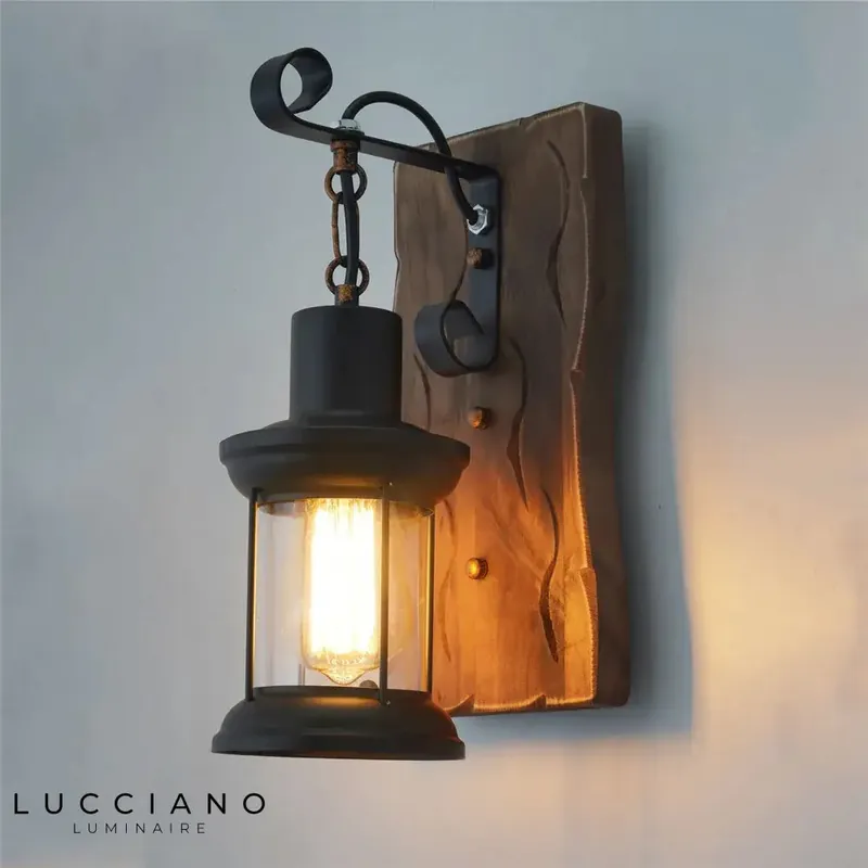 Industrial raw wood and metal wall light