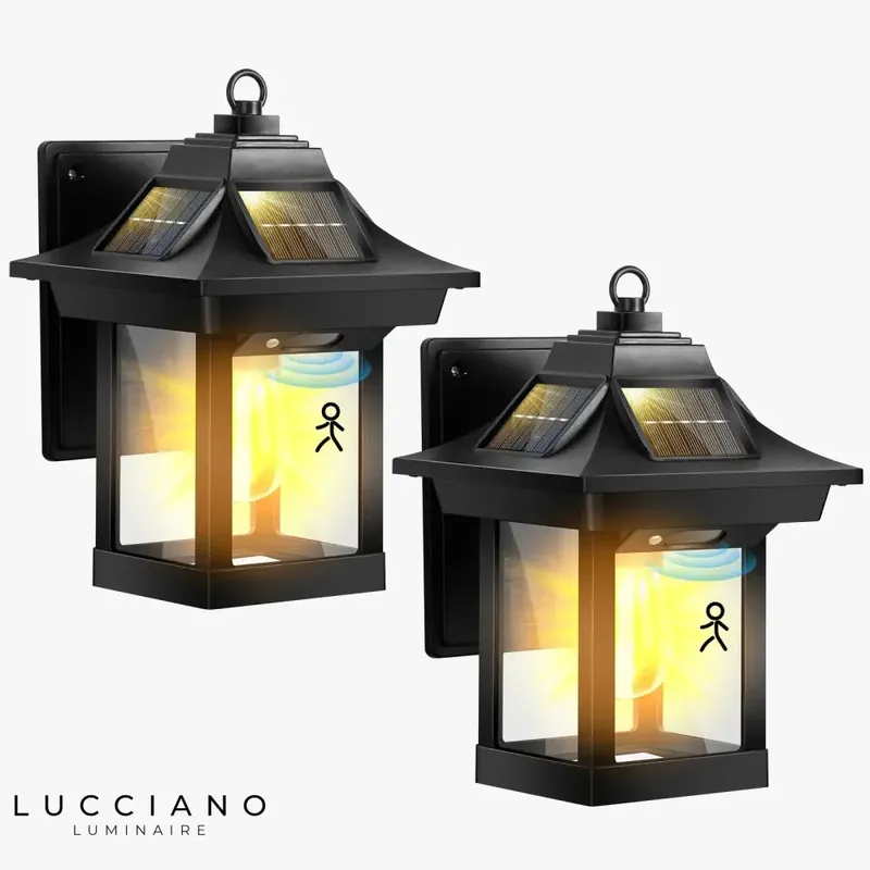 Solar-powered outdoor wall lantern security lights.