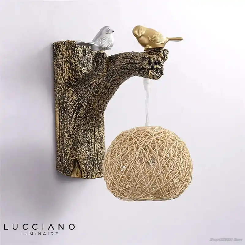 Chinese wall light, luminous bird, rattan decor